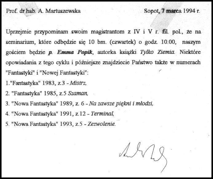 Skan kartki Prof. Dr hab A.Martuszewskiej